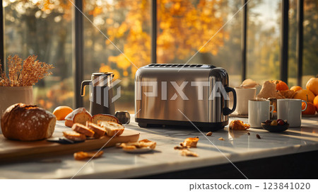 Modern toaster sitting on kitchen counter with bread and coffee ready for breakfast 123841020