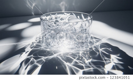 Empty crystal bowl casting caustic light reflections on white surface 123841051