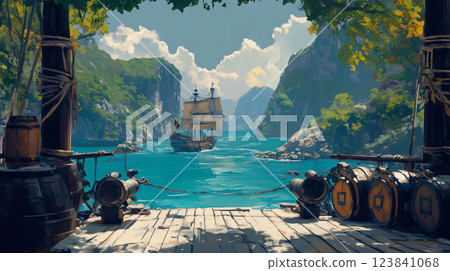 Pirate ship approaching tropical island with cannons on pier in the foreground 123841068