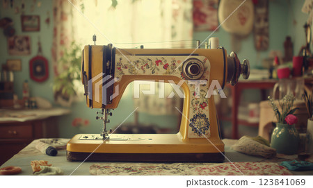 Vintage yellow sewing machine standing on desk in cozy workshop 123841069