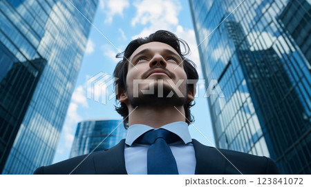 Businessman looking up at the sky with skyscrapers in the background Businessman looking up at the sky with skyscrapers in the background 123841072