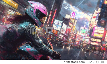 Biker riding motorcycle in cyberpunk city with neon lights 123841101