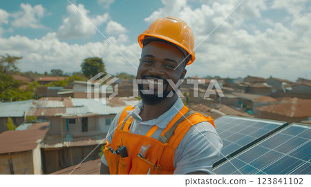 Smiling african engineer posing on rooftop with solar panels 123841102