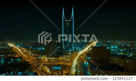 Illuminated skyline of kuwait city featuring the iconic al hamra tower at night 123841127