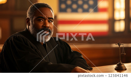 Serious judge sitting in courtroom with american flag 123841146