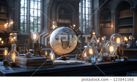 Old world globe illuminating antique desk in a library 123841168