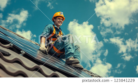 Smiling engineer sitting on roof installing solar photovoltaic panel 123841229