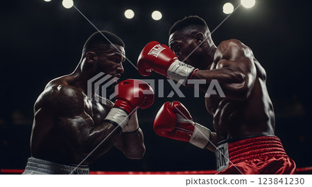 Two professional boxers standing in fighting stance during a boxing match Two professional boxers standing in fighting stance during a boxing match 123841230