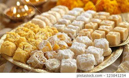 Diwali sweets being displayed on a plate during diwali festival of lights 123841234