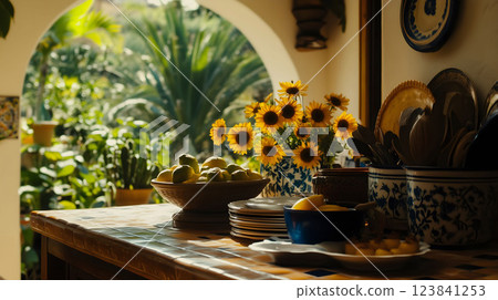 Sunflowers illuminating a rustic kitchen counter with lemons and dishes 123841253