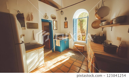 Sunlight illuminating rustic kitchen with blue cabinets 123841254