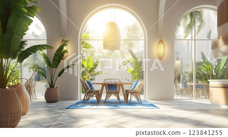 Modern dining room with arched windows overlooking a tropical garden in the morning sun 123841255