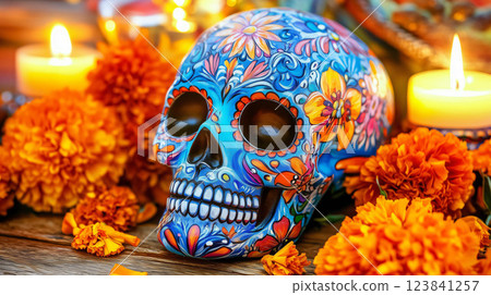 Blue painted skull surrounded by cempasuchil flowers and lit candles 123841257