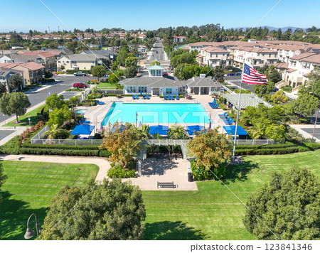 Aerial view of middle class community identical condominium, Oceanside, South California 123841346