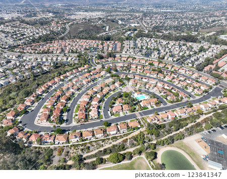Aerial view of middle class community identical condominium, Oceanside, South California 123841347