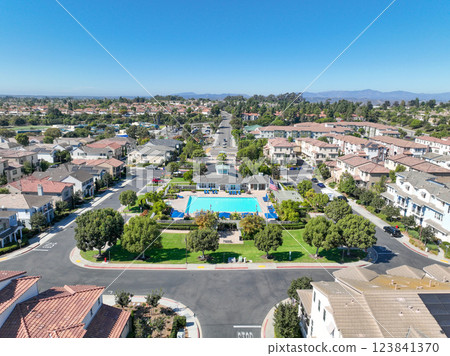 Aerial view of middle class community identical condominium, Oceanside, South California 123841370