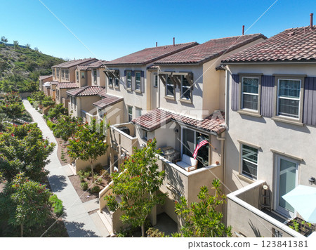 Aerial view of middle class community identical condominium, Oceanside, South California 123841381