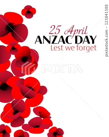 Anzac day vector vertical poster with poppy flowers spread on white background 123841388