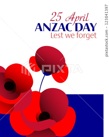 Anzac day vector vertical poster with poppy flower composition on blue and white background 123841397