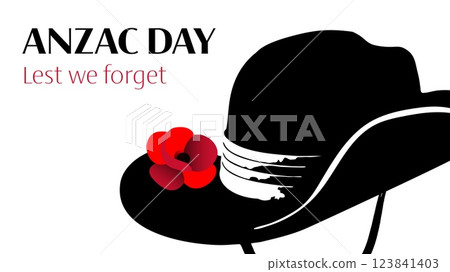 Anzac day vector horizontal banner with slouch hat and single poppy on white background Anzac day vector horizontal banner with slouch hat and single poppy on white background 123841403