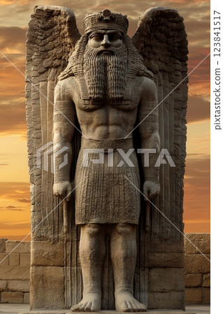 A towering statue, possibly an Assyrian god or king, stands majestically. Crowned and winged, his elaborate attire reflects the magnificence of Assyrian New Year festivities A towering statue, possibly an Assyrian god or king, stands majestically. Crowned and winged, his elaborate attire reflects the magnificence of Assyrian New Year festivities 123841517