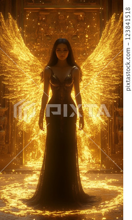 A young Asian woman, adorned in a golden gown, stands with fiery, golden wings. She embodies the spirit of the Assyrian New Year, radiating power and grace A young Asian woman, adorned in a golden gown, stands with fiery, golden wings. She embodies the spirit of the Assyrian New Year, radiating power and grace 123841518
