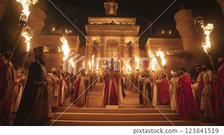 Adult Middle Eastern men in ornate robes celebrate the Assyrian New Year, carrying torches in a grand processional. A king leads the way, showcasing ancient traditions and cultural heritage Adult Middle Eastern men in ornate robes celebrate the Assyrian New Year, carrying torches in a grand processional. A king leads the way, showcasing ancient traditions and cultural heritage 123841519