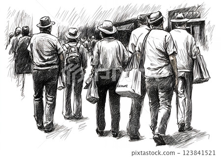 Mature Caucasian men in hats stroll, carrying shopping bags. Boomer Bonus Days shopping spree concept 123841521