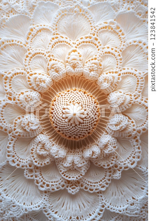 Intricate crocheted mandala, celebrating International Tatting Day. The beige and off white design features a stunning circular pattern of delicate lacework 123841542