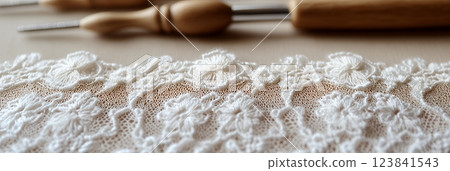 Delicate white lace with floral embroidery, perfect for International Tatting Day. Close up texture showcases the intricate craftsmanship 123841543