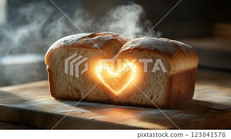 Warm, freshly baked sourdough bread reveals a glowing heart shape inside, celebrating National Sourdough Bread Day. A perfect image for culinary blogs or articles about baking 123841578