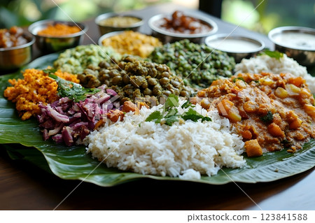 A vibrant Odia Thali, a traditional platter showcasing Odisha's diverse cuisine. Rich colors and textures celebrate Odisha Day, highlighting the state's culinary heritage 123841588