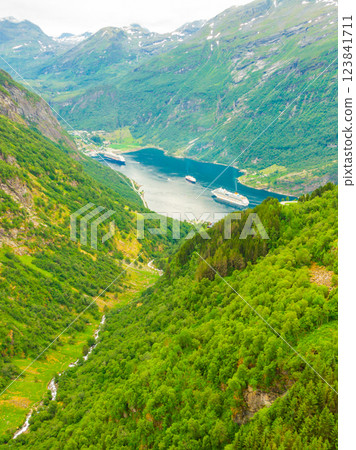 Fjord Geirangerfjord with ferry boat, Norway. 123841711