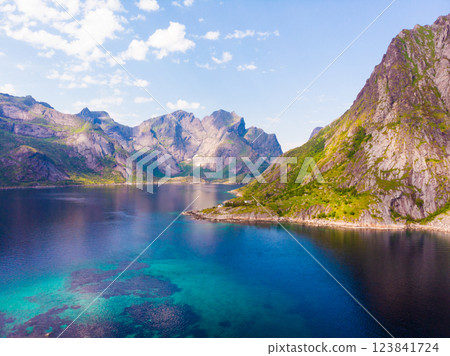 Fjord and mountains landscape. Lofoten islands Norway 123841724