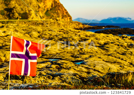 Andoya island sea coast and norwegian flag Andoya island sea coast and norwegian flag 123841729