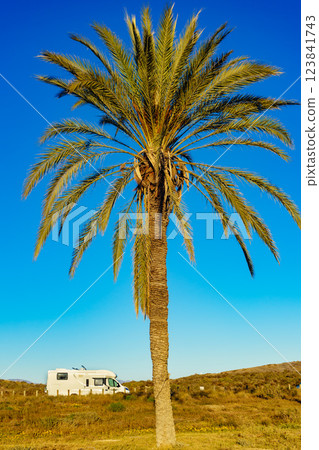 Camper on beach, camping on sea coast 123841743