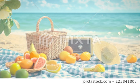 Vintage-inspired beach picnic with a wicker basket, checkered blanket, and fresh fruits, capturing the nostalgic charm of summer in retro tones 123841805