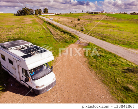 Caravan solar panels on roof camping on nature. Aerial view Caravan solar panels on roof camping on nature. Aerial view 123841865