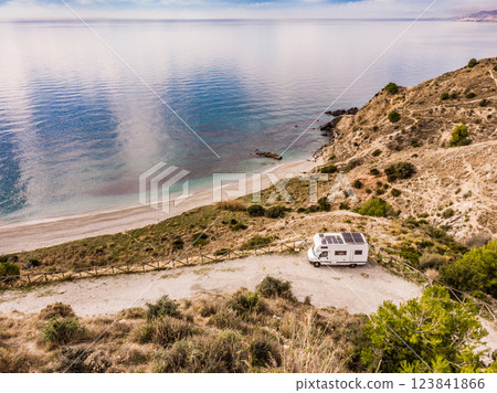 Rv camper on spanish coast. Aerial view Rv camper on spanish coast. Aerial view 123841866