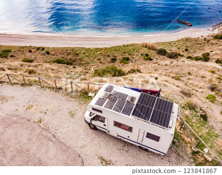 Rv camper on spanish coast. Aerial view Rv camper on spanish coast. Aerial view 123841867