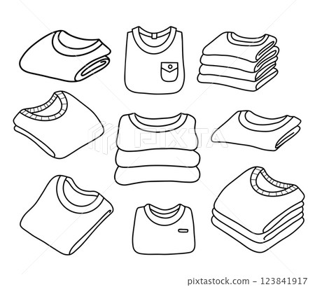Outline Rolled-Up T-Shirt and folded sweater set. Isolated linear hand drawings clothes on white background. Vector illustration Outline Rolled-Up T-Shirt and folded sweater set. Isolated linear hand drawings clothes on white background. Vector illustration 123841917