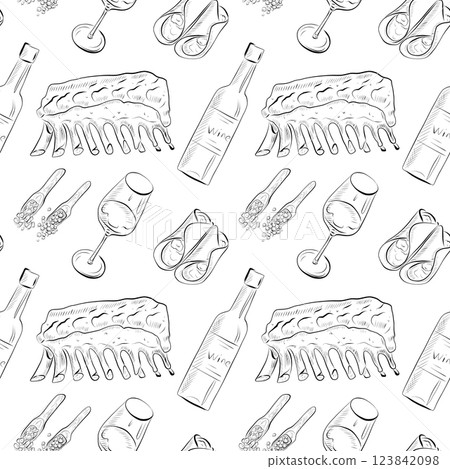 vector seamless pattern line art elements - food, cuisine vector seamless pattern line art elements - food, cuisine 123842098