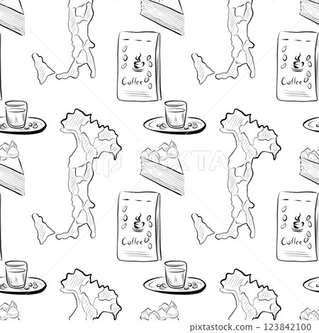 vector seamless pattern line art elements - food, cuisine 123842100