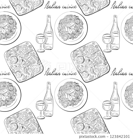 vector seamless pattern line art elements - food, cuisine 123842101