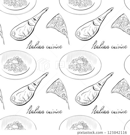 vector seamless pattern line art elements - food, cuisine vector seamless pattern line art elements - food, cuisine 123842116