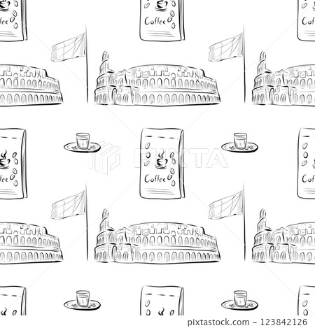 vector seamless pattern line art elements - drink, cuisine vector seamless pattern line art elements - drink, cuisine 123842126
