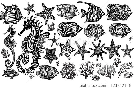 Set of stylized decorative Sea life Clipart 123842166
