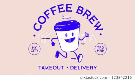 Coffee cup, funny character mascot. Design template, logo, sign, graphic element for advertising, branding, poster. Funny coffee cup, cartoon character mascot, smile coffee cup. Vector Illustration Coffee cup, funny character mascot. Design template, logo, sign, graphic element for advertising, branding, poster. Funny coffee cup, cartoon character mascot, smile coffee cup. Vector Illustration 123842216