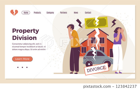 Dividing property. Real estate family dividing business money and houses recent vector landing page with place for text 123842237