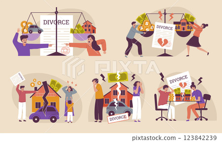 Division of property. Family conflict divorce proceedings and division of jointly acquired property recent vector conceptual stylized flat illustration 123842239